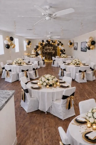 Birthday celebration setup in the multi-purpose room with colorful decorations and festive ambiance